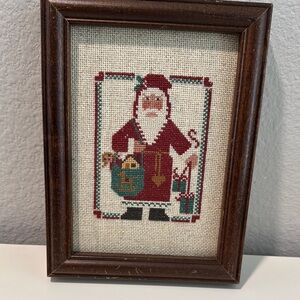 Framed Santa Cross-Stitch Art in wooden Frame